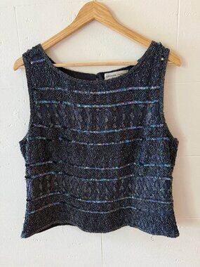Adrianna Papell Vintage Beaded Sequin Sleeveless Party Top Black | Medium